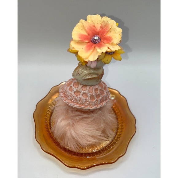 Vintage Mini Ceramic Chick Flower Hat Faux Fur Orange Carnival Glass Plate OOAK - Picture 10 of 16